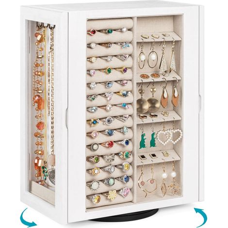 Boîte à Bijoux Rotative à 360°, Grande Boite a Bijoux Bois 5 Tiroirs Coffret, Porte de Verre, Boite Rangement Organisateur Bijoux pour Colliers, Boucles D'oreilles, Bagues, Bracelets (Blanc) (1/5)