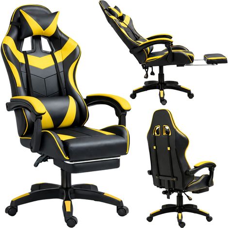 Fauteuil de bureau pivotant LEAN pour gamer, avec repose-pieds et coussins, noir et jaune (1/5)