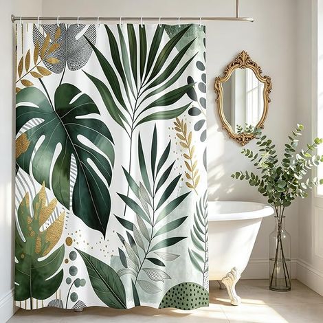 Rideau de Douche 180x180cm Lavable Machine, Vert, Tropical Anti Moisissure, Feuillage Doré, Tissu, Polyester, Imperméable, pour Décoration Salle de Bain, avec Crochets (1/5)