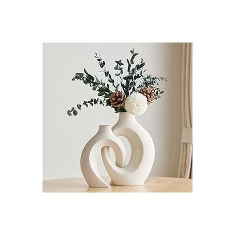 Vases en Céramique Blanche Moderne, Vase en Céramique Nordique Moderne pour L'herbe de la Pampa, Vases à Fleurs de la Pampa en Forme de Beignet Creux Mat Cercle pour Mariage, Table,(Blanc) (1/5)
