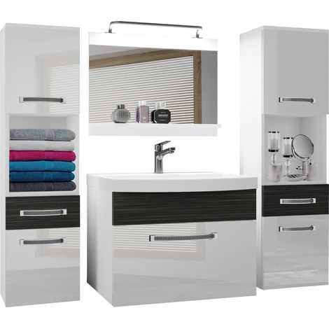 BELINI Meuble de Salle de Bain Lavabo Inclus, Meuble sous-Vasque, Miroir et 2X Cabinet Largeur: 140 cm Kit d'éclairage Inclus Couleur : Blanc très Brillant/ébène Royal (1/4)
