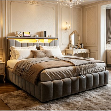 Cama con canapé 180x200 cm con LED, USB y USB-C, cabecero con almacenaje, gris OKMYHOME (1/5)