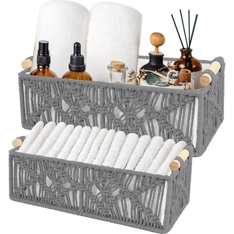 Lot de 2 Paniers de Rangement en Macramé, Tissés Paniers de Rangement Boho, Décoration, Corbeille de Rangement pour Papier Toilette Tressée, Pour Salle de Bain, Chambre à Coucher, Salon (1/5)