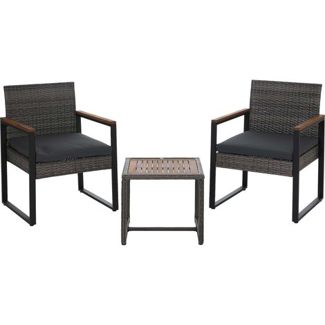 Ensemble en polyrotin HWC-P74, salon de jardin 2x chaises et table, bois d'acacia, tissu 180 g/m2 - (1/5)