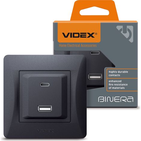 Presa a incasso Videx Binera 16A PD 20W USB-A + USB-C, nera e grafite (1/5)