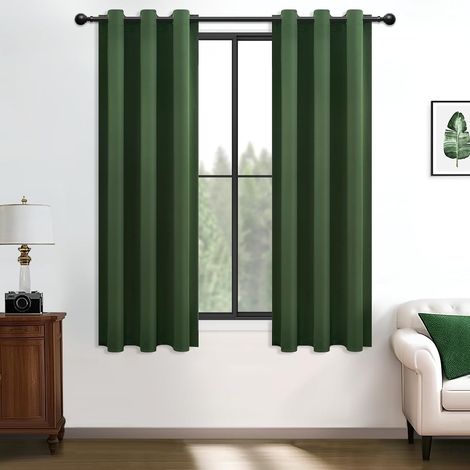 Rideaux occultants vert olive à isolation thermique avec œillets pour chambre et cuisine - 2 panneaux - Traitement de fenêtre - 117 x 137 cm (1/5)