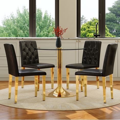 Conjunto de mesa redonda y 4 sillas de comedor 85 cm en vidrio templado negro y dorado DESVIAE (1/5)