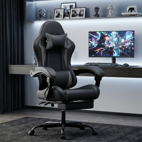 Sedia da Ufficio per Giochi Ergonomica, Schienale Reclinabile, Braccioli Sincronizzati, Poggiapiedi, PVC Nero Grigio (1/5)