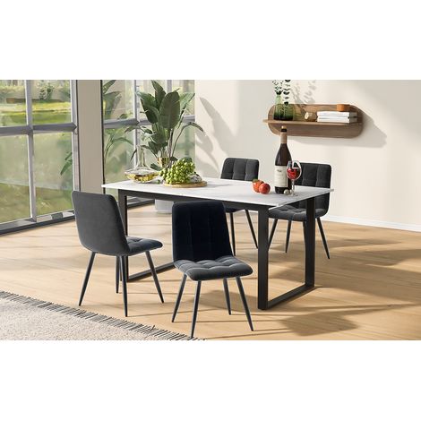 Table à manger moderne blanche MDF (140/180×80×75cm) + 4 chaises velours gris pieds noirs, lot salle à manger extensible