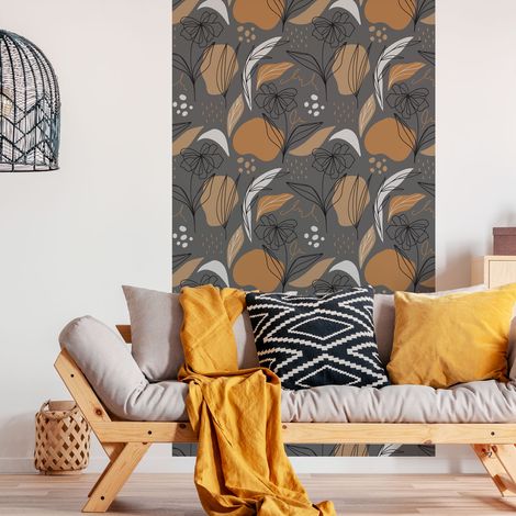 Papier peint intissé pré-encollé - ABSTRAIT FLEURS GRIS ET ORANGE - 1 rouleau de 300x60cm (1/5)