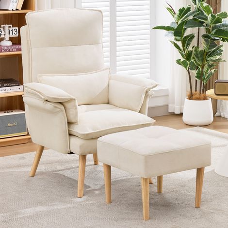 Fauteuil relax beige avec repose-pieds, dossier réglable sur 5 positions et pieds en bois massif,85x78.5x112 cm (1/5)