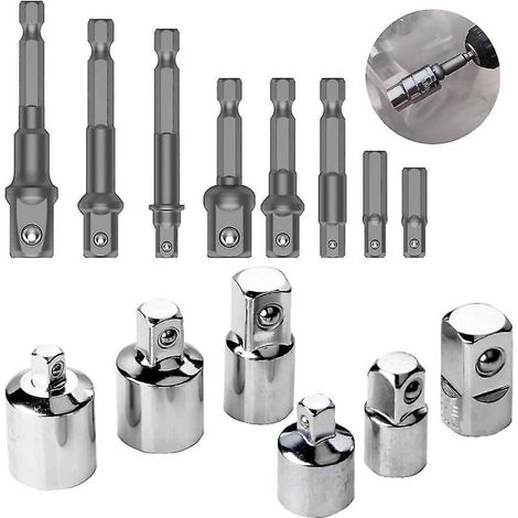 Set mit 14 Steckschlüsseladaptern für Schlagschrauber und Ratschen, inklusive 8 Reduzieradaptern und 6 Verlängerungen für Ratschenschlüssel. (1/5)