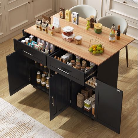 Isla de cocina 129/46/91,5 cm negro y natural con tapa abatible, cajones y ruedas (1/5)