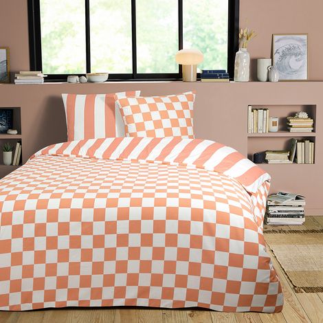 Parure de lit 2 personnes rayé damier réversible 240x220cm (1/4)