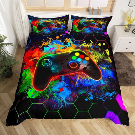 Parure de lit de 135 x 200 cm avec housse de couette de 135 x 200 cm et taie d'oreiller motif nid d'abeille, motif hexagonal, respirant, pour enfants garçons et filles (1/5)