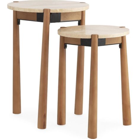 Table d'appoint ronde en travertin et bois - naturel et noir (1/5)