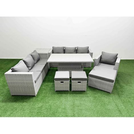 Fimous 7 PCs Rising Dining Table Set Rattan Furniture Set with 3 Seater Sofa Chair 3 Footstools Side Table Light Grey (1/5)
