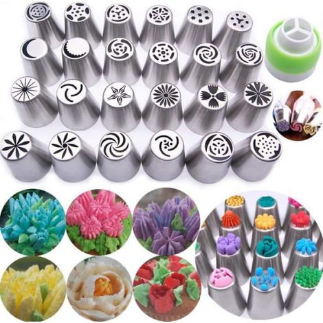 Douille Pâtisserie - Acier Inoxydable 304 - Pour Décoration Gâteaux et Fruits - 24 Pièces + 1 Connecteur Grande Taille (1/3)