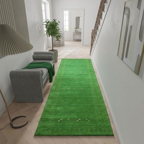 Tapis Loribaft tissé Tapis LuxeWeave - Tapis en laine - 300x80cm, Rectangular - 100% Laine vierge - Tissé main - Vert
