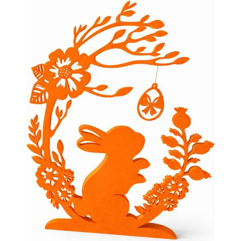 Decorazione pasquale: coniglietto sotto un arco con un uovo di Pasqua arancione. (1/3)