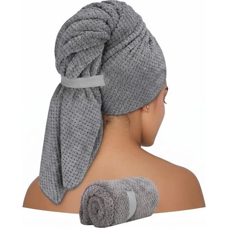 Serviette de séchage pour Cheveux - 100 x 60 cm - Extra Large - en Microfibre - Extrêmement absorbante - Turban Anthracite avec Bande élastique au Lieu d'un Bouton - Séchage Rapide - pour (1/5)
