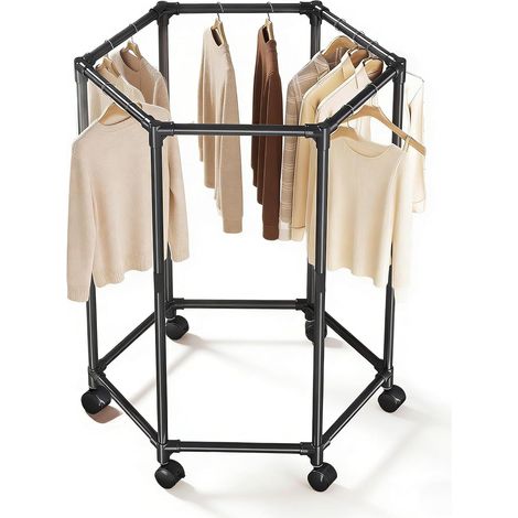 Hexagonal Clothes Rack Free Standing Clothes Rail, Heavy Duty Clothes Rack with Wheels Rotatable with Generous Hanging Space for Bedroom, Laundry Room (1/5)