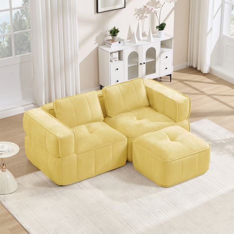 Canapé d'angle convertible 2 places avec pouf, sans structure, mousse résiliente 32D, assise spacieuse, revêtement textile confortable, base anti-glisse, idéal séjour et studio, teinte soleil. (1/5)