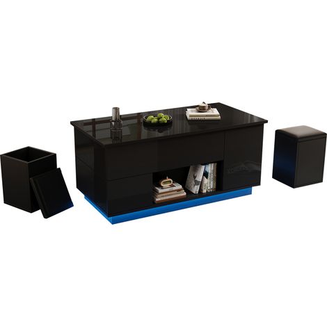 Table basse relevable avec LED et 2 tiroirs, rangement caché, 2 tabourets, plateau brillant noir, hauteur 59 cm, 100 x 50 cm, pour salon moderne  CHICFURN (1/5)