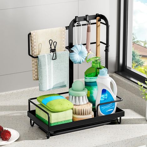JSSEVN - Kitchen Sink Sponge Holder, 304 Stainless Steel Sink Sponge Organizer with Towel Rail and Automatic Drain Tray (Black) (1/5)