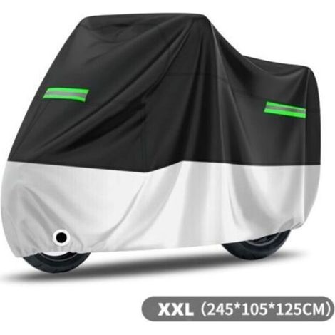 Housse de Protection Imperméable pour Moto Couverture Oxford Résistant aux Poussière Pluie Neige UV Vent Soleil Déjections d'oiseaux, 245x105x125cm Noir+Argent,Bandes réfléchissantes vertes (1/4)