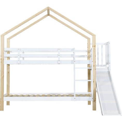 Letto a castello per bambini con scivolo e scala a 3 gradini in legno MDF 90x200 cm bianco naturale (1/5)