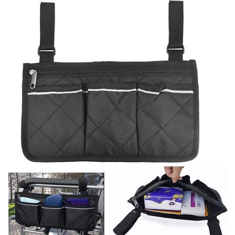 Sac de rangement pour fauteuil roulant avec bande réfléchissante - Noir - Sacoche d'accoudoir pour fauteuil roulant - Sacoche pour scooter de mobilité (1/5)
