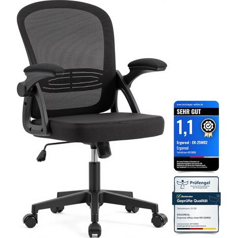 Chaise de bureau ergonomique noire, accoudoirs rabattables, dossier inclinable, maille, charge 140 kg (1/5)