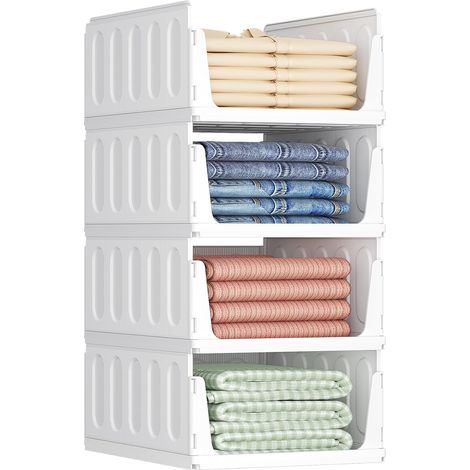Boîtes de Rangement pour Vêtements, Organisateur de Penderies Empilables, Blanc Bacs Individuels en Plastique, Idéal pour Placard de Cuisine, Armoire de Camping et Salle de Bain, 24L, Lot de 4