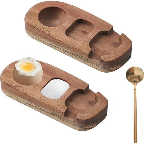 Lot de 2 coquetiers en bois - Environ 15,3 x 6,5 x 2,3 cm - 3 en 1 - Support pour bols et cuillères - Avec cuillère en acier inoxydable - Plus de résidus de coquille d'œuf sur une assiette (1/5)