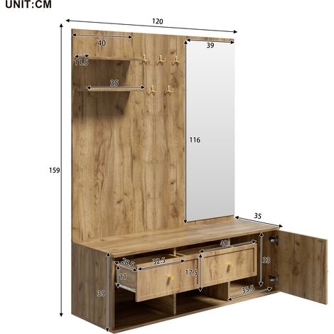 Ensemble de rangement pour entrée, armoire murale avec tiroir, compartiment de rangement et étagère flottante, panneau porte-manteau avec 5 crochets, comprenant un miroir et un banc à chaussures, aspe (1/4)