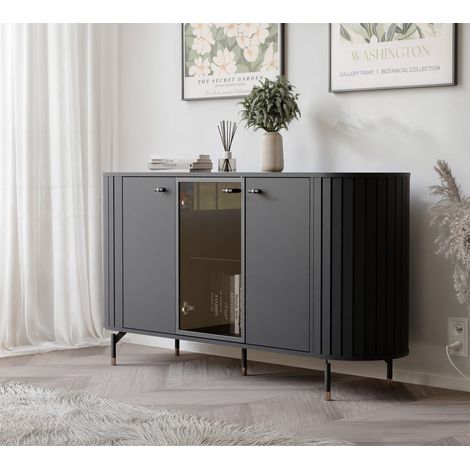 Commode Salon avec Vitrine SENTO - Commode Chambre - 150x40x81 cm - 3 portes - Noir (1/5)