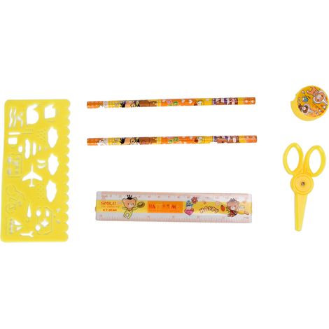 Porte-crayon rotatif 2 compartiments, boîte à stylos en plastique avec taille-crayon et ciseaux, pour étudiants, rangement crayons et stylos, cadeau jaune (1/5)