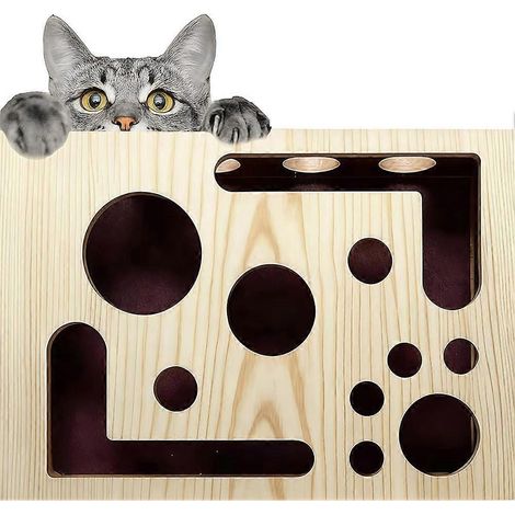 【03】Boîte en bois pour lime à ongles de chat, boîte d'enrichissement et de jeu à griffer pour chat, puzzle labyrinthe à griffer avec balle à clochette et papier de verre à l'intérieur