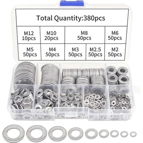 Lot de 380 rondelles en acier inoxydable - Assortiment de rondelles plates M2-M12 - Rondelles de sécurité pour charnières de porte - Joints de vidange d'huile pour réparation hydraulique