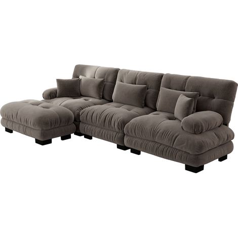 Canapé d'angle modulable en chenille vintage marron avec ottoman mobile (1/5)