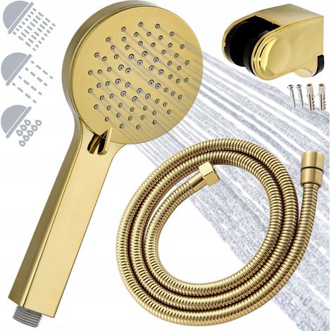 Ensemble de douche : douchette 3 jets + flexible + poignée dorée brillante (1/5)