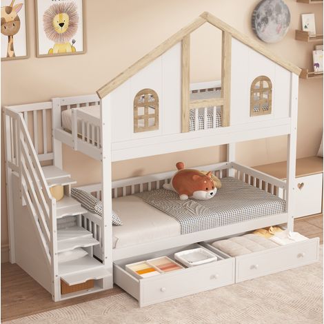 Letto a castello bambini 90x200 cm con finestra, 2 cassetti con ruote e scala inclinata a 4 gradini, bianco e naturale (1/5)
