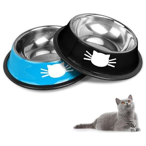 Ensemble de Bols pour Chats, Bols antidérapants en Acier Inoxydable, Bols à Nourriture pour Chats, Bols à Eau, Grands Bols pour Chats et Bols à Boire pour Animaux de Compagnie (Bleu+Noir) (1/4)