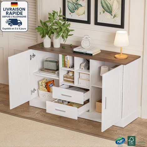 Buffet 140x40x79,5 cm avec 2 tiroirs et 2 portes, étagères ouvertes, aggloméré, blanc (1/5)