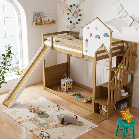 Litera, cama cabaña infantil de 90 x 200 cm con escalera de esquina, techo y ventana, tobogán, blanco y natural (1/5)