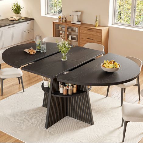 Mesa de comedor extensible (110x110x76 cm), con estante abierto, tablero engrosado, MDF negra (1/5)