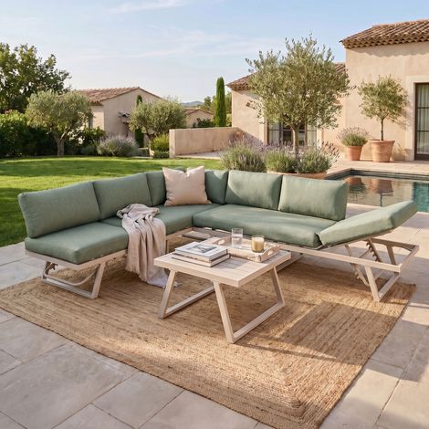 Salon de jardin 6 places modulable en aluminium beige et vert (1/5)