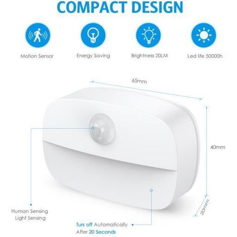 Détecteur De Mouvement - Veilleuse Automatique LED - Capteur Lumière Et Humain - 120° Angle De Détection - 2 À 3 M Portée - 0,5 W - Lot De 2 (1/4)