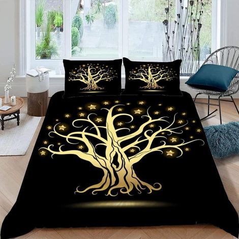 Bettwäsche-Set 155x220 cm mit 2 Kissenbezügen 80x80 cm, 3D Motiv Goldener Baum des Lebens, Mikrofaser, Reißverschluss